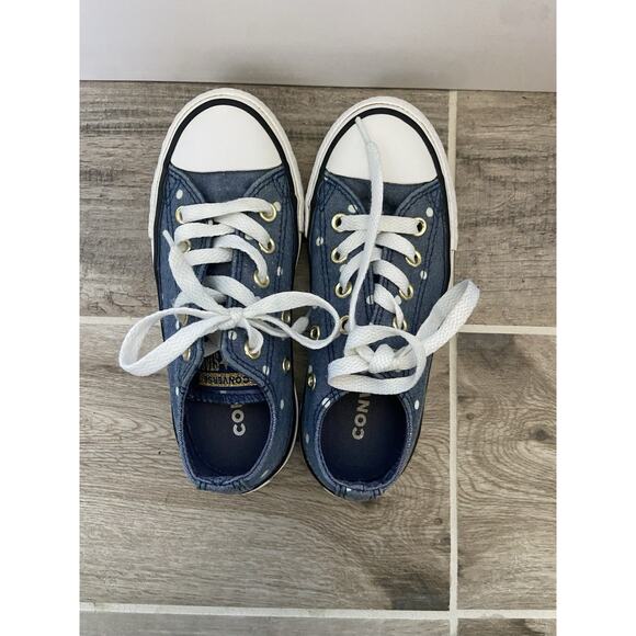 Converse All Star Low Top Denim Polka Dot Sneakers Shoes Kids Size 11 Canvas - Picture 3 of 7